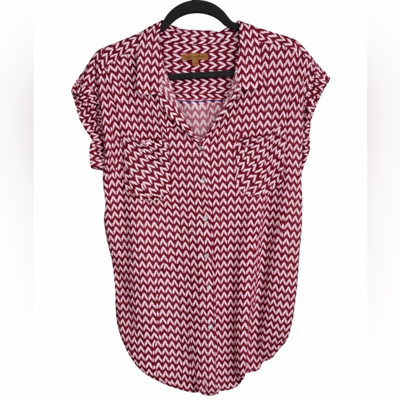 Jachs Girlfriend Burgundy Chevron Print Short Sleeve Button Front Blouse Size L - Picture 2 of 7
